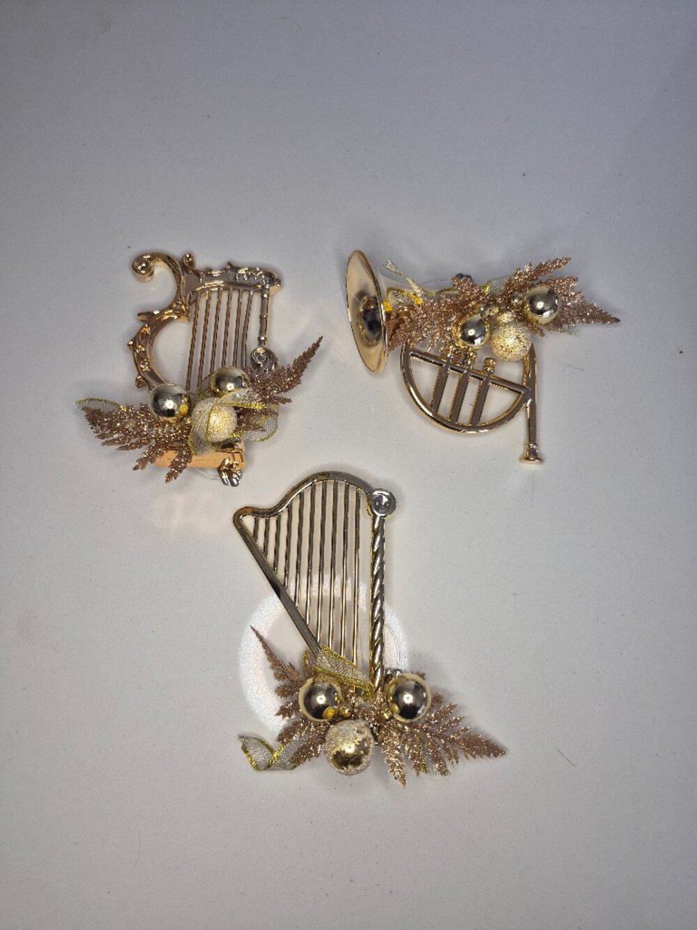 Set of 3 Gold Musical Instrument Clip On Ornaments Harp French Horn